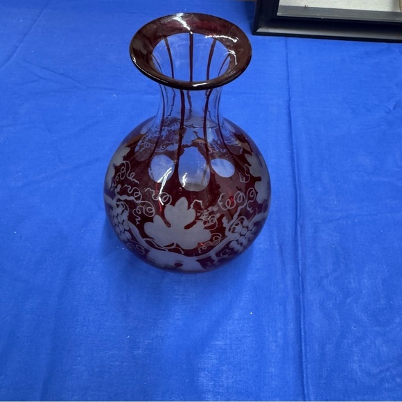 Vintage Ruby Red Bohemian Glass Vase with Grape Vine Design - Picture 2 of 10